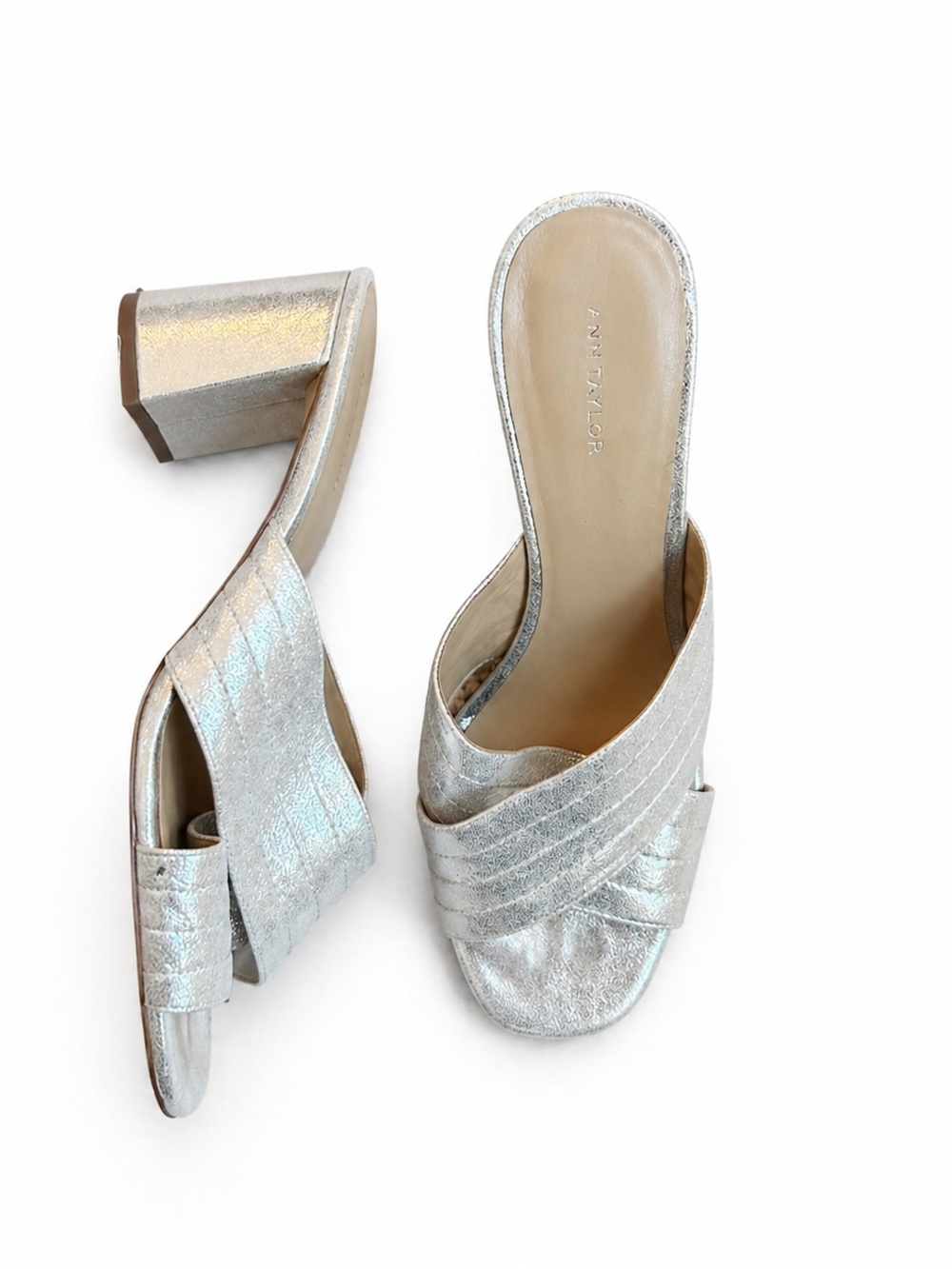 Ann Taylor Silver Metallic Crisscross Block Heel Mules